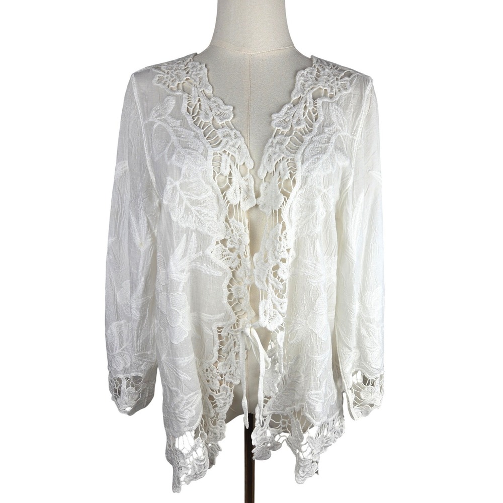 Soft Surroundings Cardigan Size M White Boho Lace Crochet Floral Tie Front 2DC21